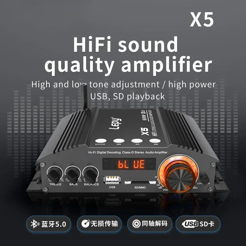 Bluetooth 5.0 Digital Class - D Power Amplifier, 2x100W+Superbass Out for 5 Speaker, Coaxial Decoding, USB\SD Card Lossless Play
Bluetooth 5.0 Digital Class - D Power Amplifier, 2x100W+Superbass Out for 5 Speaker, Coaxial Decoding, USB\SD Card Lossless Play