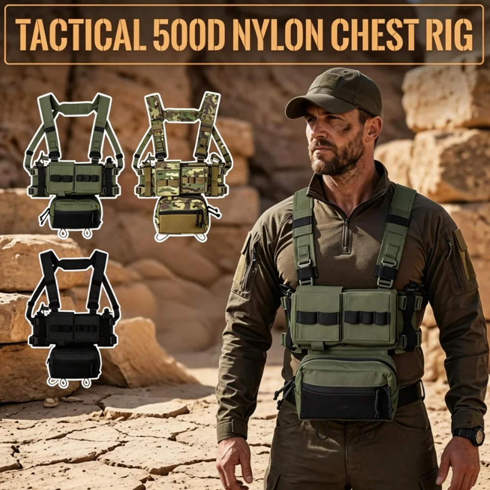 Modular MOLLE Tactical Chest Rig Multi-Functional Nylon Combat Loadout Quick-Adjust Training Gear for Airsoft Shooting Mission