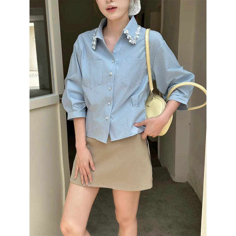 Women's Shirt Seven Sleeve 2026 Summer New Korean Design Sense Small Audience Elegance Pleated Sequin Stand Collar Top
Women's Shirt Seven Sleeve 2026 Summer New Korean Design Sense Small Audience Elegance Pleated Sequin Stand Collar Top