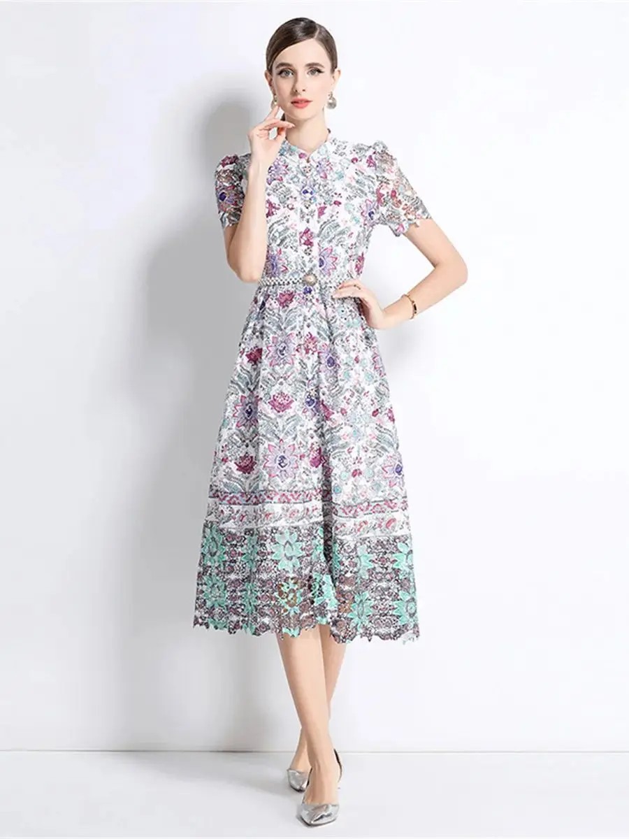 Original Fashion Lace Floral Print Elegant Women Dress Short-sleeved Single-breasted Hollow out Slim Mid-length Dresses
Original Fashion Lace Floral Print Elegant Women Dress Short-sleeved Single-breasted Hollow out Slim Mid-length Dresses