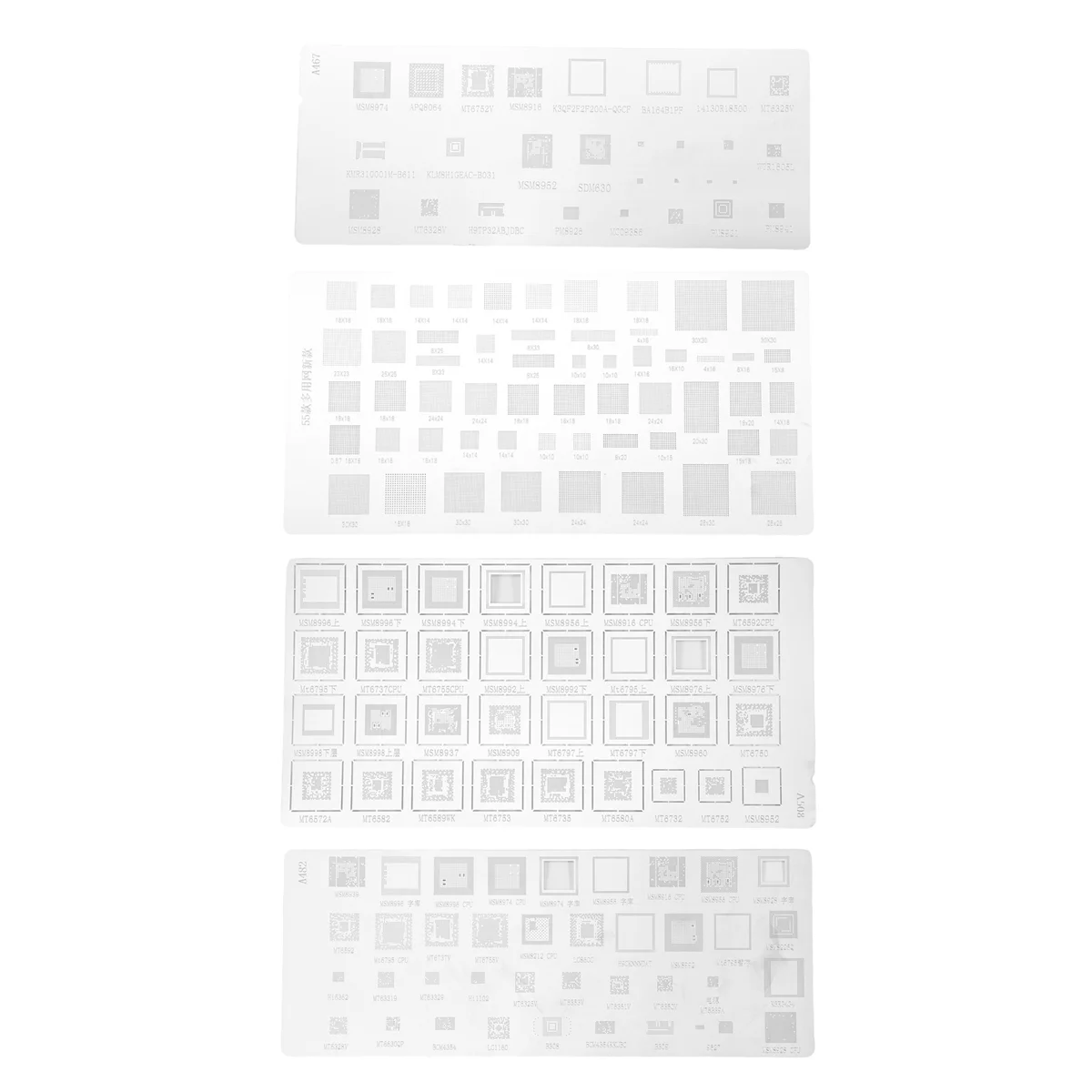 4PCS Universal BGA Stencil for MTK MSM Samsung Huawei Xiaomi iPad CPU RAM PM Power IC Reball Pin Direct Heat Template
4PCS Universal BGA Stencil for MTK MSM Samsung Huawei Xiaomi iPad CPU RAM PM Power IC Reball Pin Direct Heat Template