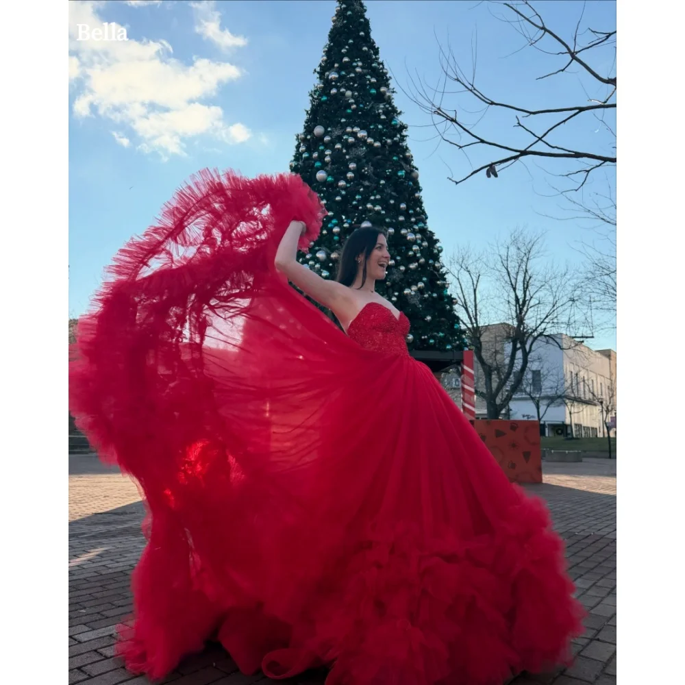 Bella Customize Red Sequin Strapless Sleeveless robes de soirée Mesh Fabric Prom Dresses Floor-Length A-line Wedding Dress 2025
Bella Customize Red Sequin Strapless Sleeveless robes de soirée Mesh Fabric Prom Dresses Floor-Length A-line Wedding Dress 2025