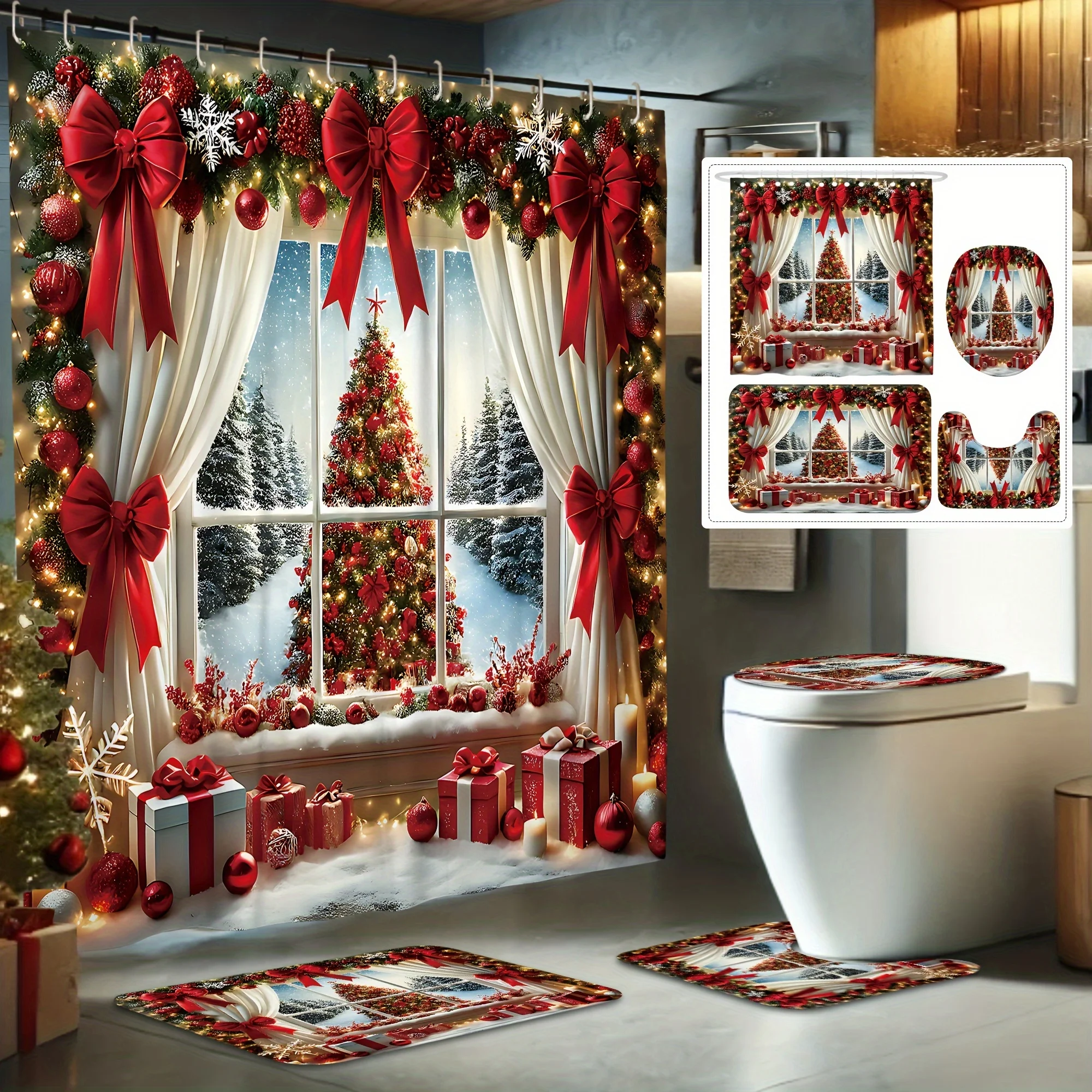 Рождественский зимний набор занавесок для душа с дизайном елочного подарка и банта, красный, зеленый, рождественский декор для ванной комнаты, включает нескользящий коврик и чехол для унитаза
Рождественский зимний набор занавесок для душа с дизайном елочного подарка и банта, красный, зеленый, рождественский декор для ванной комнаты, включает нескользящий коврик и чехол для унитаза