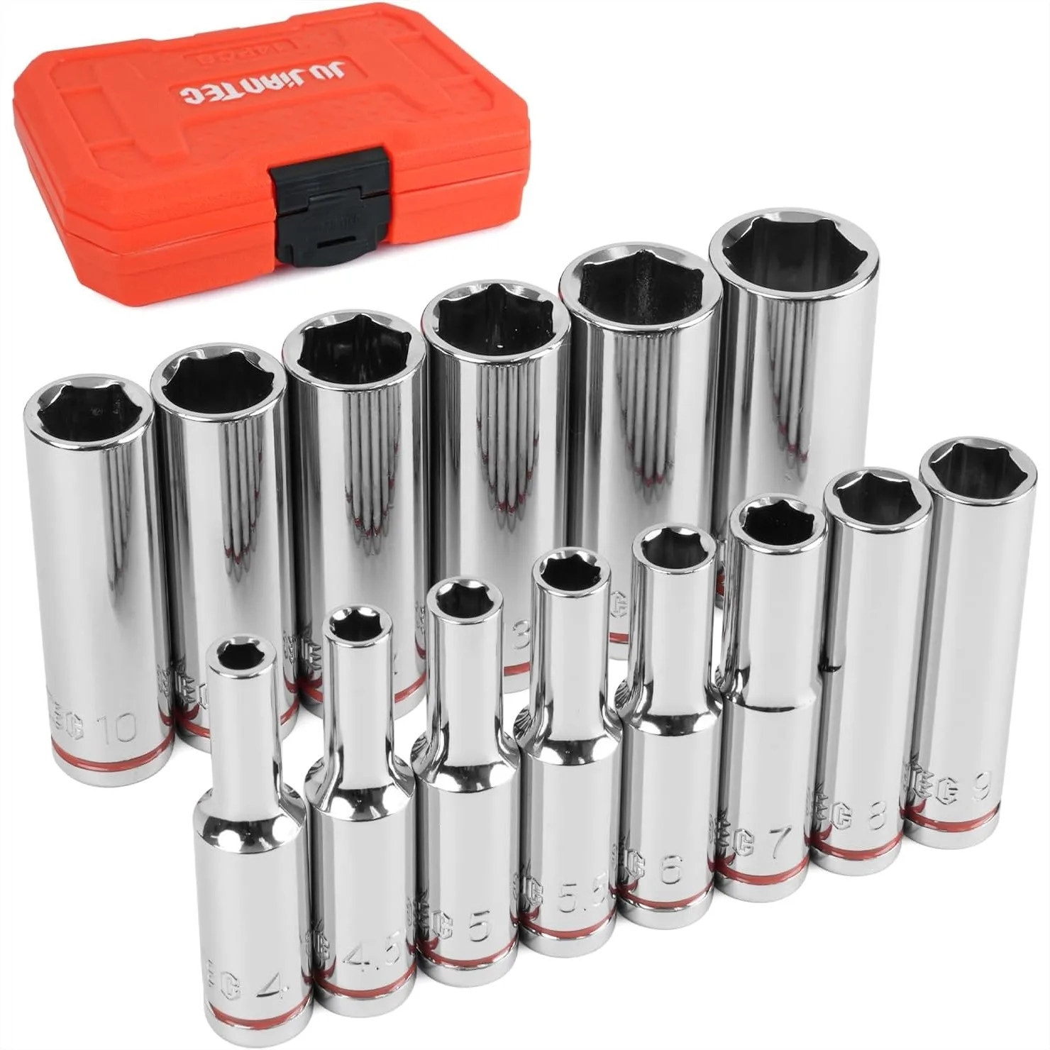 1/4" Drive Metric Deep Socket Set, 14-Piece (4-15mm) with Case, 6 Point Chrome Vanadium Steel
1/4" Drive Metric Deep Socket Set, 14-Piece (4-15mm) with Case, 6 Point Chrome Vanadium Steel