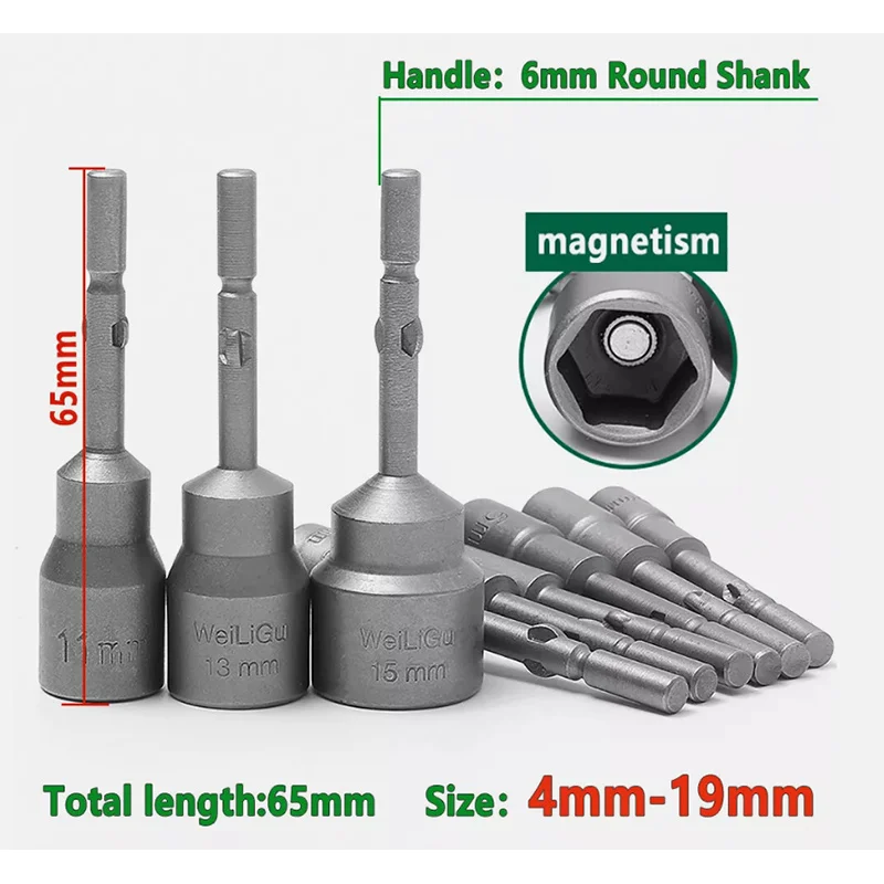 5PCS 6mm Round Shank Hex Nut Driver 4-19mm Metric Socket Impact Bit Chrome-vanadium alloy steel Magnetic Drill Length 65mm
5PCS 6mm Round Shank Hex Nut Driver 4-19mm Metric Socket Impact Bit Chrome-vanadium alloy steel Magnetic Drill Length 65mm