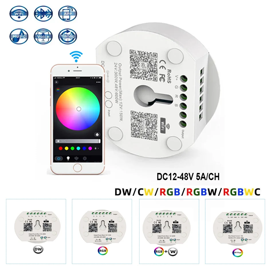 WiFi + Ble светодиодный музыкальный контроллер DC12V 24V 48V 5A/CH 1-5CH умный диммер для одного двухцветного RGB RGBW RGBWC RGBCCT Светодиодная лента
WiFi + Ble светодиодный музыкальный контроллер DC12V 24V 48V 5A/CH 1-5CH умный диммер для одного двухцветного RGB RGBW RGBWC RGBCCT Светодиодная лента