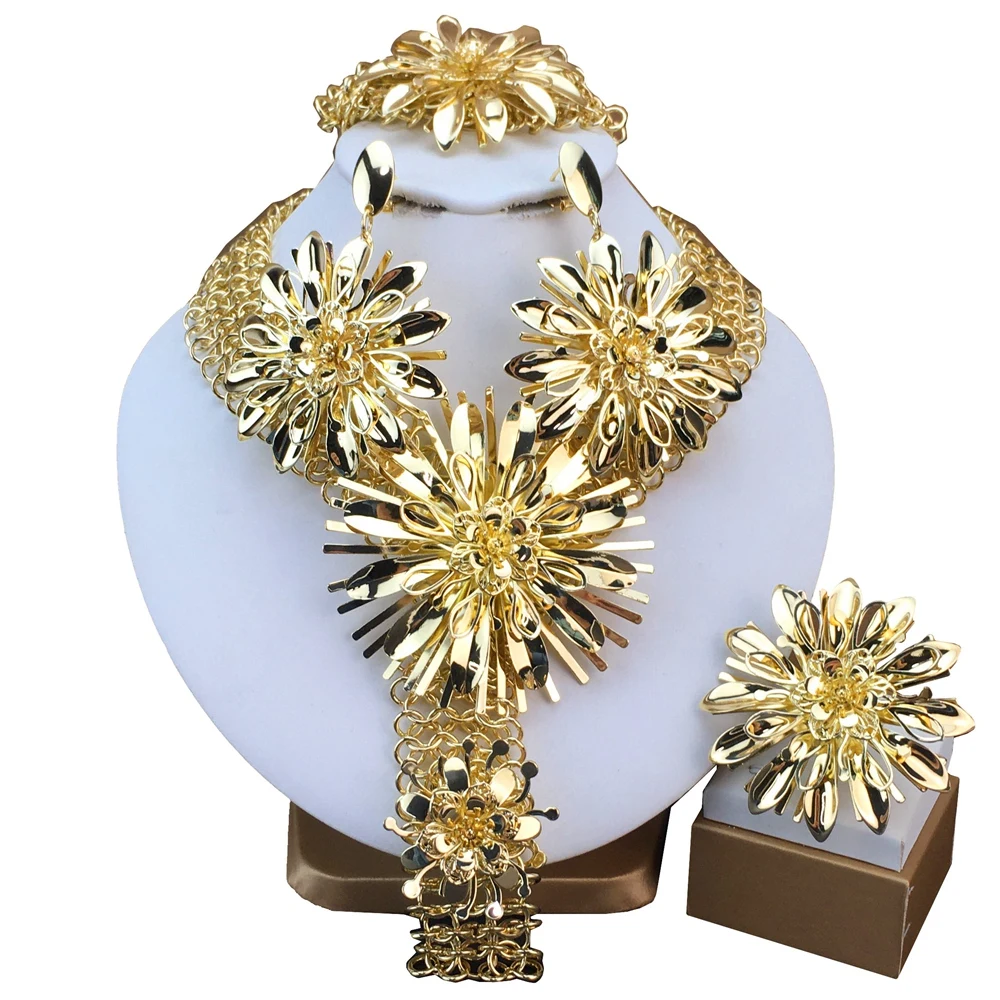 New Fashion Trendy Women Jewelry Set Brazilian Gold-Plated African Wedding Bridal Big Flower Necklace Gifts FHK16738
New Fashion Trendy Women Jewelry Set Brazilian Gold-Plated African Wedding Bridal Big Flower Necklace Gifts FHK16738