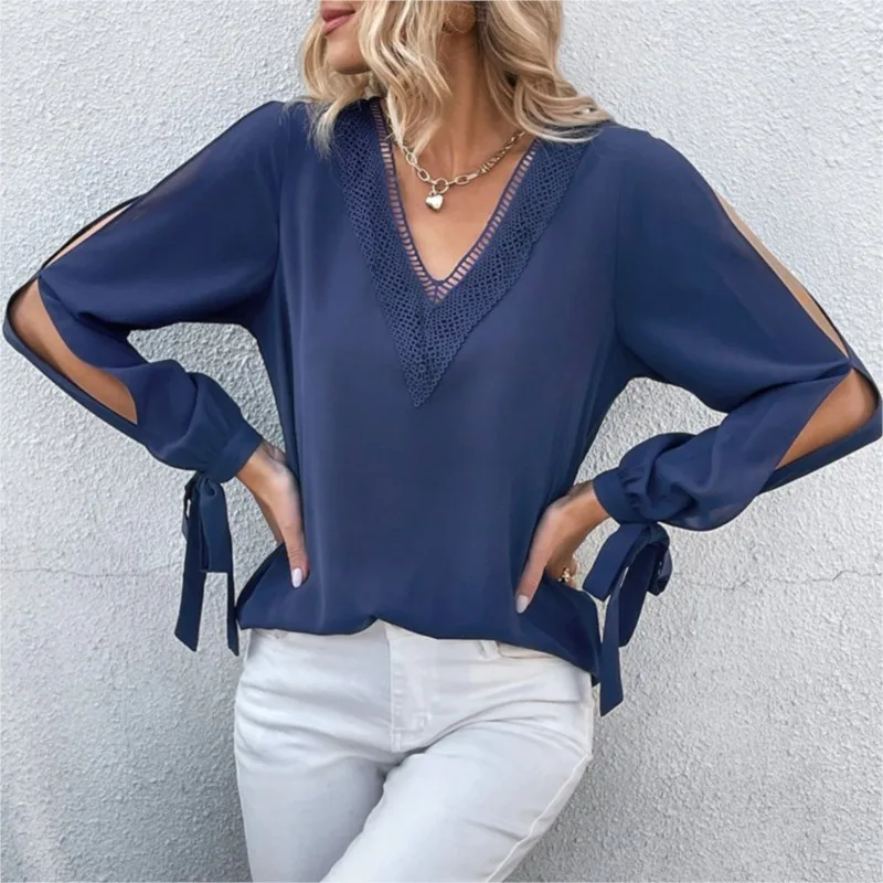 Elegant Lace Patchwork V-neck Pullover Women Shirt 2025 Autumn New Long Sleeved Top With Hollow Out Straps Blouses Femme Blusas
Elegant Lace Patchwork V-neck Pullover Women Shirt 2025 Autumn New Long Sleeved Top With Hollow Out Straps Blouses Femme Blusas