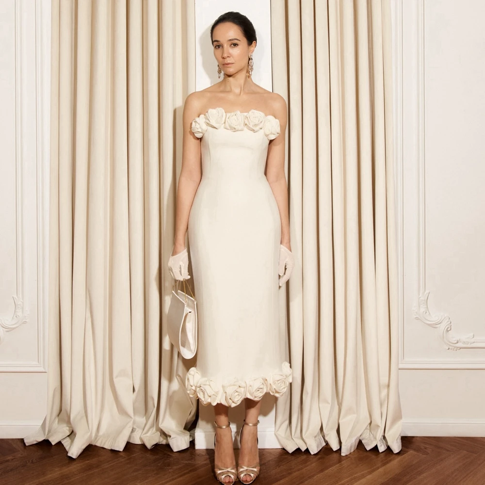 Pretty Strapless Flowers Satin Evening Dress Chic 3D Rose Appliqué Mid‑Length Party Gown Custom Made Wedding Bridal Dressesd
Pretty Strapless Flowers Satin Evening Dress Chic 3D Rose Appliqué Mid‑Length Party Gown Custom Made Wedding Bridal Dressesd