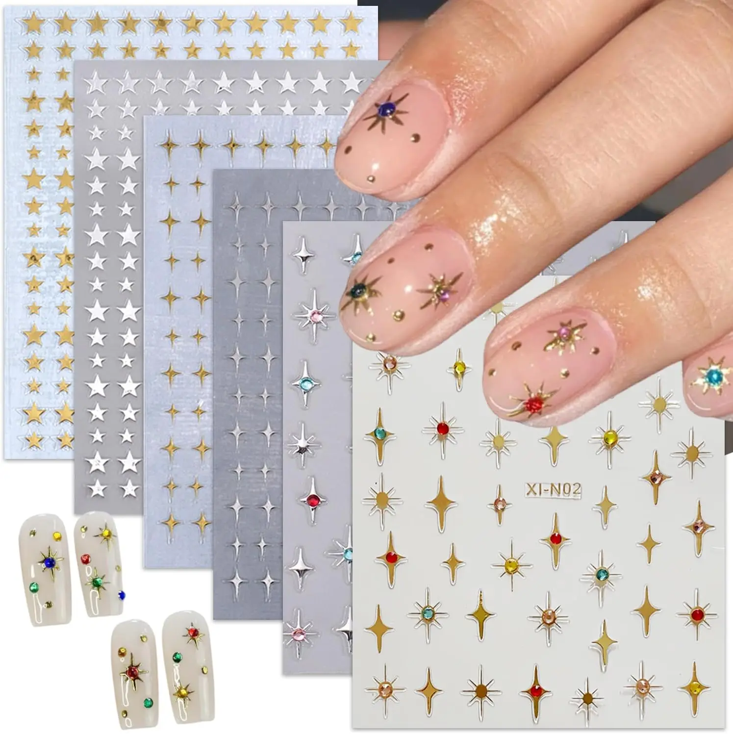 Shiny Star Nail Stickers 6 Sheets - 3D Glitter Gold Silver Rhinestones Nail Art Decals
Shiny Star Nail Stickers 6 Sheets - 3D Glitter Gold Silver Rhinestones Nail Art Decals