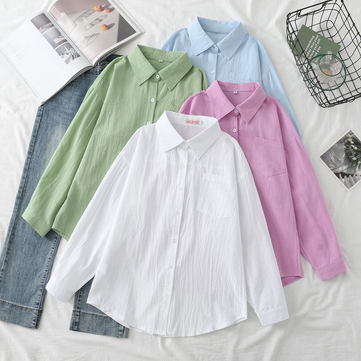 2025 Spring New Loose Casual Women's Cotton Long Sleeve Shirt Ladies Casual White Blue Blouses & Tops Female Solid Color Clothes
2025 Spring New Loose Casual Women's Cotton Long Sleeve Shirt Ladies Casual White Blue Blouses & Tops Female Solid Color Clothes