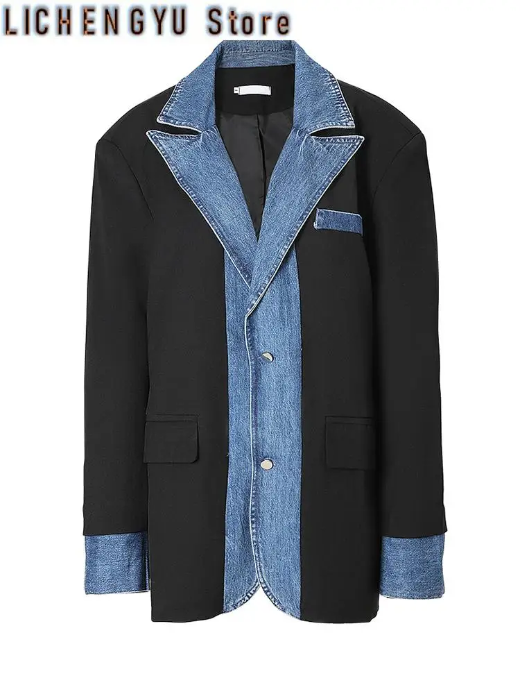Women Dark Blue Deinm Spliced Big Size Blazer New Lapel Long Sleeve Loose Fit Jacket Fashion Spring Autumn
Women Dark Blue Deinm Spliced Big Size Blazer New Lapel Long Sleeve Loose Fit Jacket Fashion Spring Autumn