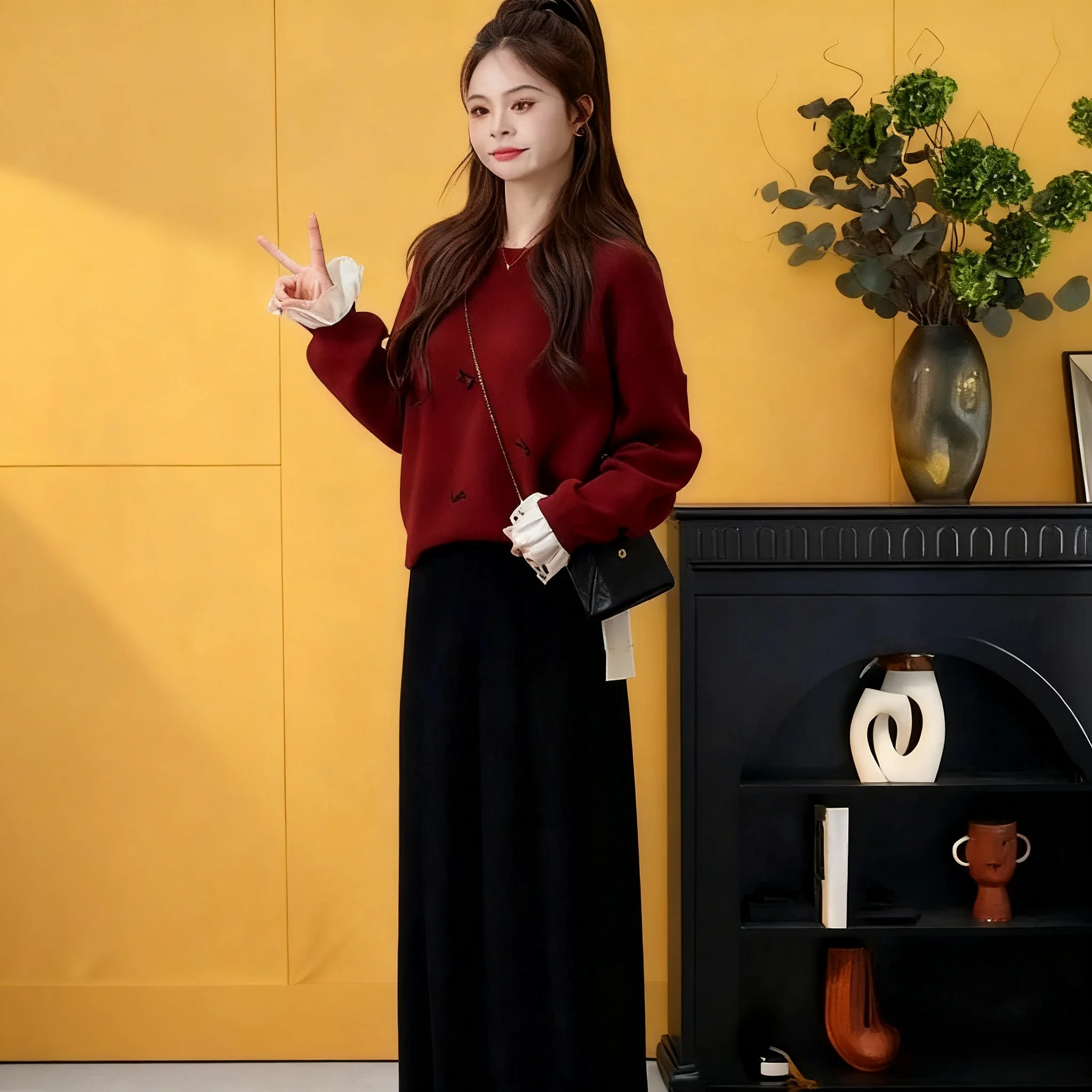 Sweet Style Red Bowknot Lace Splicing Sweater Black A-Line Skirt Two-Piece Set High Waist Polyester Long Sleeve round Neck
Sweet Style Red Bowknot Lace Splicing Sweater Black A-Line Skirt Two-Piece Set High Waist Polyester Long Sleeve round Neck