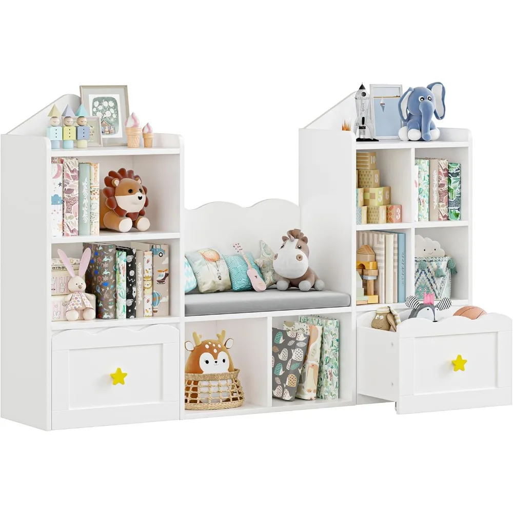 Kids Bookshelf with Reading Nook, Bookcase with Soft Cushion Seat, 2 Wheels Drawers and 8 Storage Cubbies, Toy Storage Organizer
Kids Bookshelf with Reading Nook, Bookcase with Soft Cushion Seat, 2 Wheels Drawers and 8 Storage Cubbies, Toy Storage Organizer