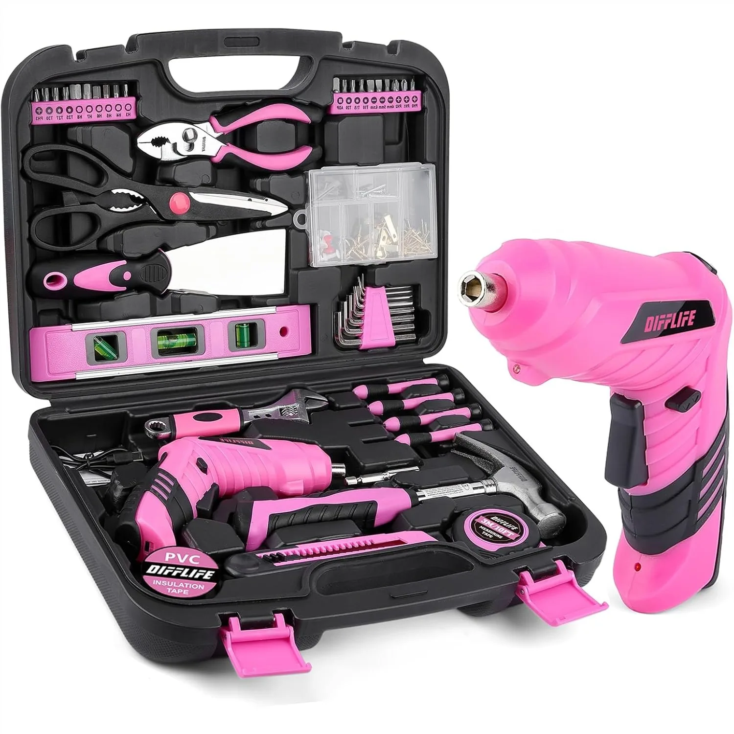 143-Piece Power Screwdriver Tool Set, 3.6V Cordless Rechargeable with LED Light, Pink Tool Kit for Home DIY
143-Piece Power Screwdriver Tool Set, 3.6V Cordless Rechargeable with LED Light, Pink Tool Kit for Home DIY