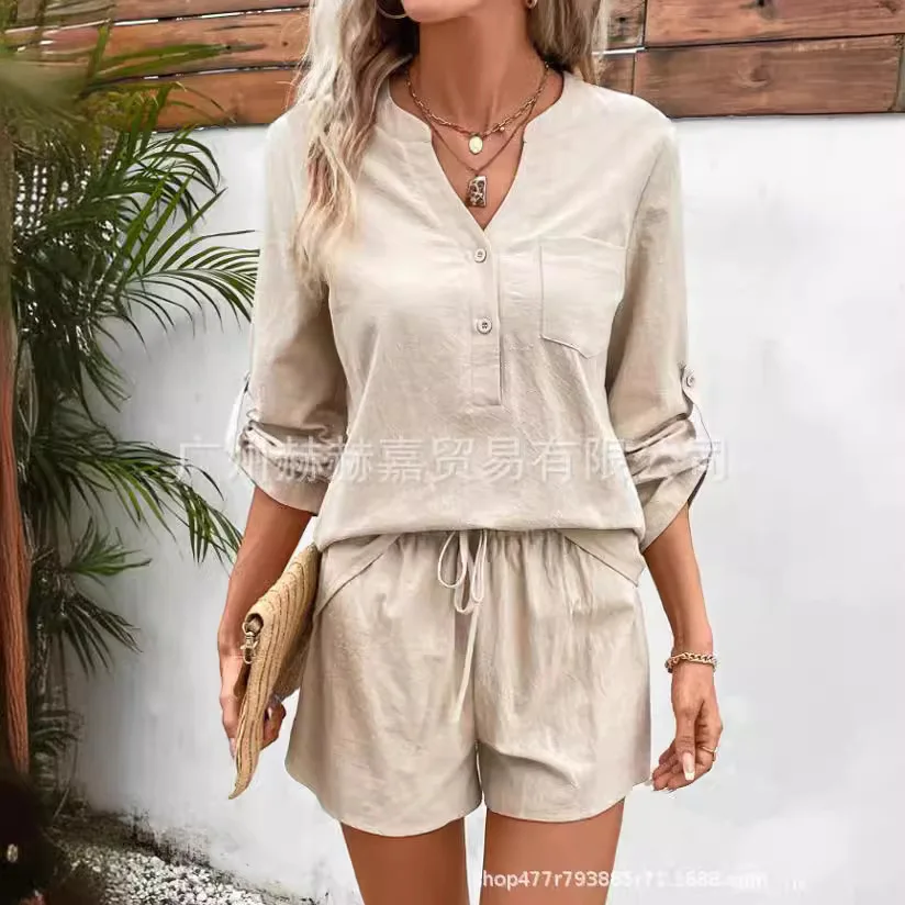 Summer women's two-piece set new cotton linen solid color V-neck pocket top drawstring shorts set 2024 fashionable casual women
Summer women's two-piece set new cotton linen solid color V-neck pocket top drawstring shorts set 2024 fashionable casual women