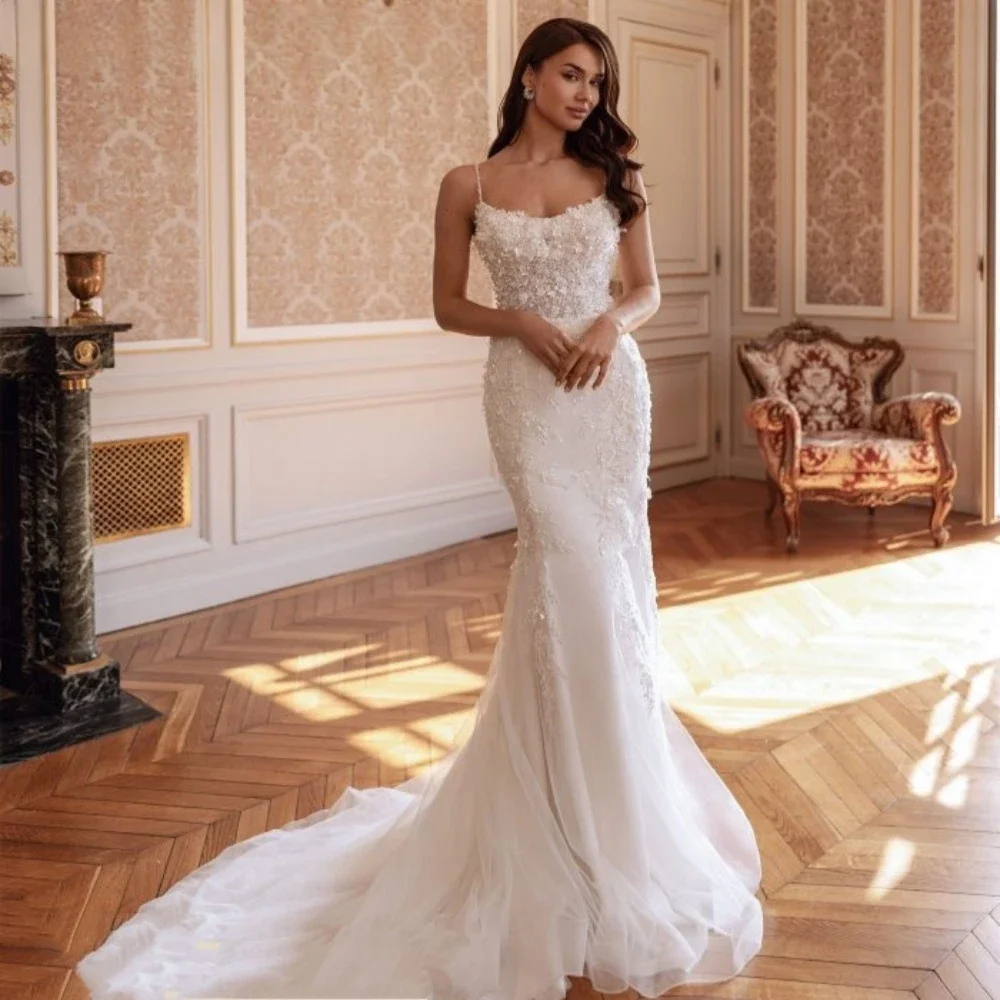 Thin Shoulder Straps Lace Up Back Shiny Beads Flowers Mermaid Wedding Dresses Vestido De Noiva Sereia Customized
Thin Shoulder Straps Lace Up Back Shiny Beads Flowers Mermaid Wedding Dresses Vestido De Noiva Sereia Customized