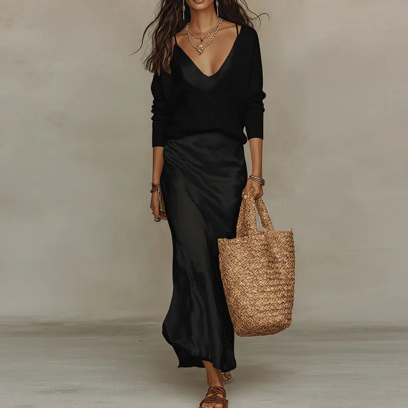Spring Long Sleeve Loose Sweater Women's Set Elegant V Neck Satin Long Dress Suit Summer Casual Slim Vacation Beach Outfit Mujer
Spring Long Sleeve Loose Sweater Women's Set Elegant V Neck Satin Long Dress Suit Summer Casual Slim Vacation Beach Outfit Mujer