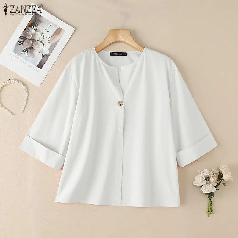 Женская летняя блузка ZANZEA, хлопковые топы, повседневная блузка с круглым вырезом и коротким рукавом, однотонная свободная рубашка, элегантная офисная блузка для женщин
Женская летняя блузка ZANZEA, хлопковые топы, повседневная блузка с круглым вырезом и коротким рукавом, однотонная свободная рубашка, элегантная офисная блузка для женщин