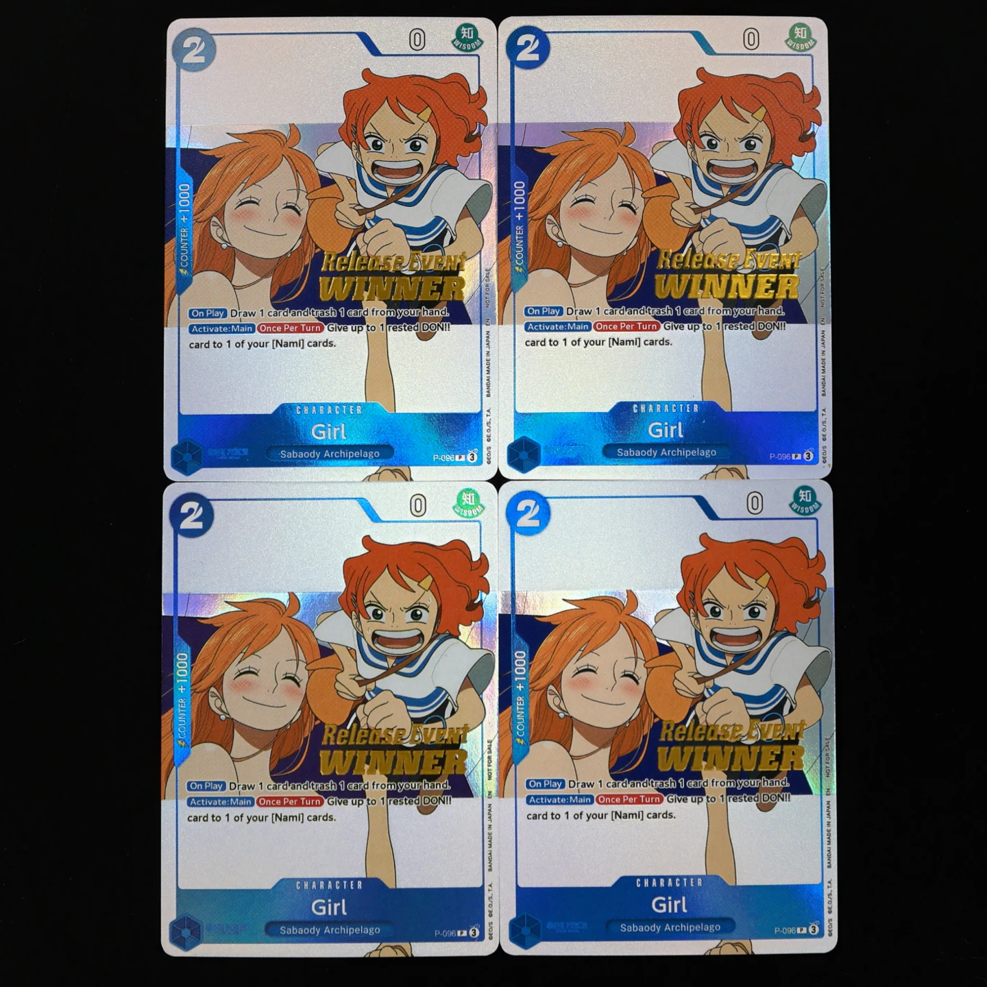 One Piece TCG OPCG English P-096 Girl Blue Girl play set Release Event Winner stamp with Hot stamping process
One Piece TCG OPCG English P-096 Girl Blue Girl play set Release Event Winner stamp with Hot stamping process