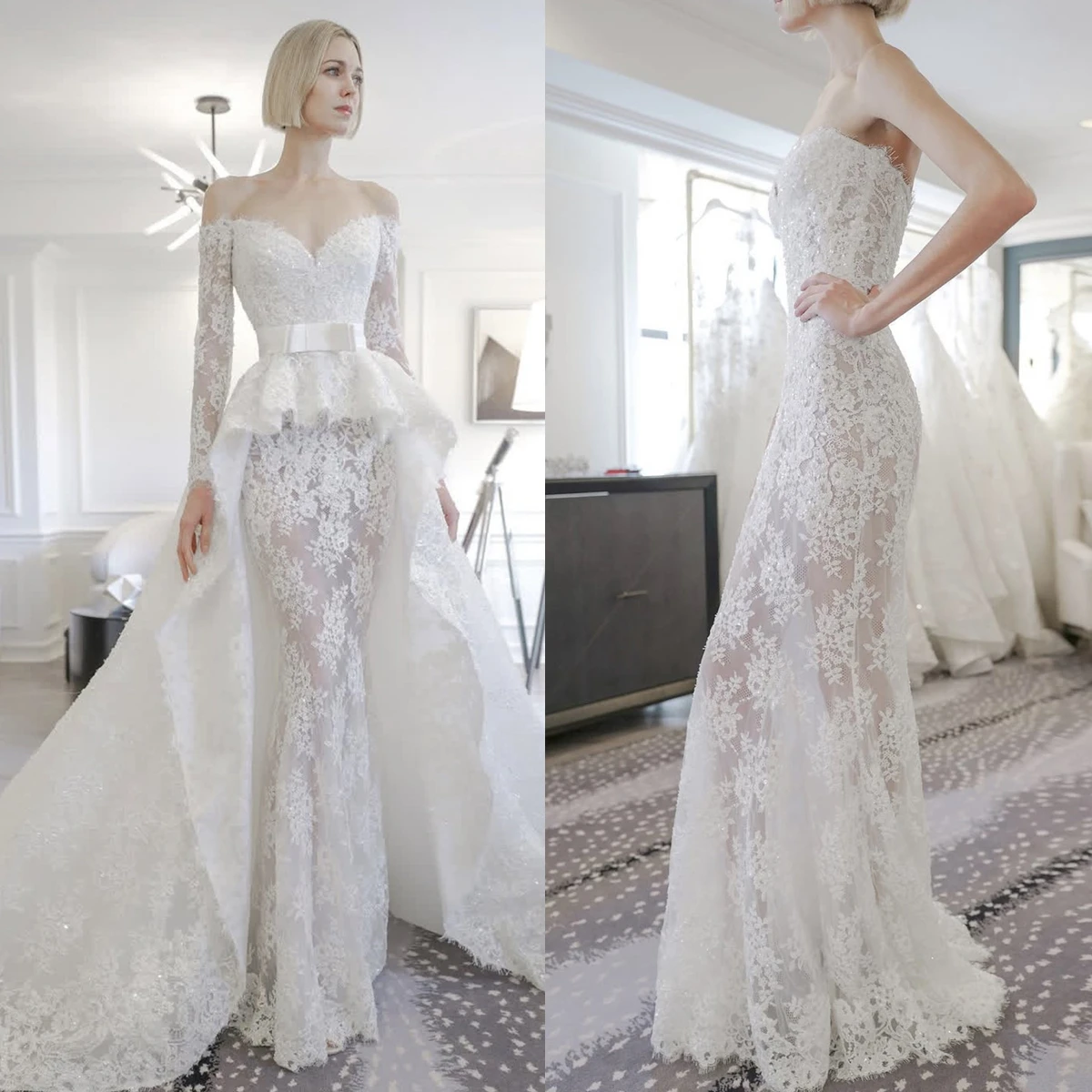2025 Ivory Lace Mermaid Wedding Dresses With Detachable Skirt Long Sleeves Strapless Long Corset Boho Bridal Gown Customized
2025 Ivory Lace Mermaid Wedding Dresses With Detachable Skirt Long Sleeves Strapless Long Corset Boho Bridal Gown Customized