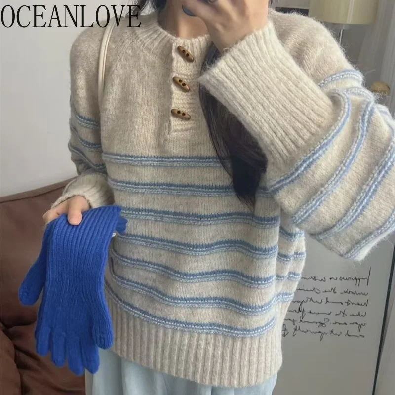 OCEANLOVE Horn Button Women Sweaters Stripes Korean Fashion Thick Pullovers Warm Vintage Casual Autumn Winter Pull Femme
OCEANLOVE Horn Button Women Sweaters Stripes Korean Fashion Thick Pullovers Warm Vintage Casual Autumn Winter Pull Femme