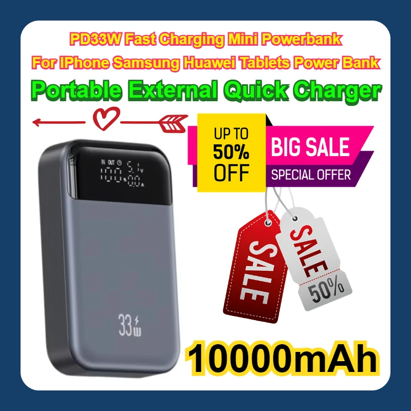 Portable External Quick Charger 10000mAh PD33W Fast Charging Mini Powerbank For IPhone Samsung Huawei Tablets Power Bank
Portable External Quick Charger 10000mAh PD33W Fast Charging Mini Powerbank For IPhone Samsung Huawei Tablets Power Bank