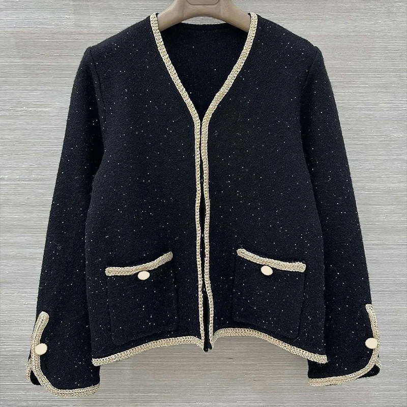 Высококачественный женский кашемировый кардиган с цветными краями и блестками, свитер с v-образным вырезом, трикотаж 25121879
Высококачественный женский кашемировый кардиган с цветными краями и блестками, свитер с v-образным вырезом, трикотаж 25121879