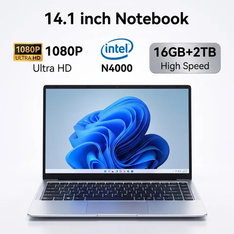 Notebook PC Office Study New Ultra Slim 14.1 Inch Laptop Intel N4000 16GB RAM 1TB SSD Windows 11 Business Office Study Web Notebook Computer PC