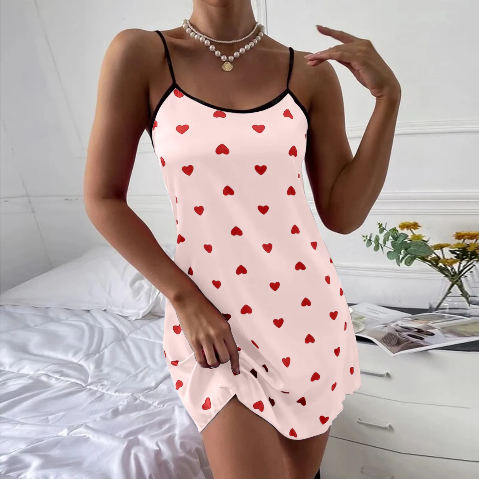 Sexy Nightgown Ladies Women's Heart Print Trim Slip Nightdress Satin Underwear Sleepwear Imitation Silk Stain Spaghetti Dresses
Sexy Nightgown Ladies Women's Heart Print Trim Slip Nightdress Satin Underwear Sleepwear Imitation Silk Stain Spaghetti Dresses