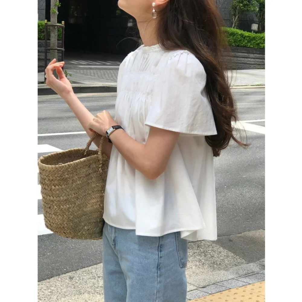Sweet Loose Doll Shirt Korean Style Stand Collar Pleated Summer Top for Women Casual Daily Wear Street Style Campus Fashion
Sweet Loose Doll Shirt Korean Style Stand Collar Pleated Summer Top for Women Casual Daily Wear Street Style Campus Fashion