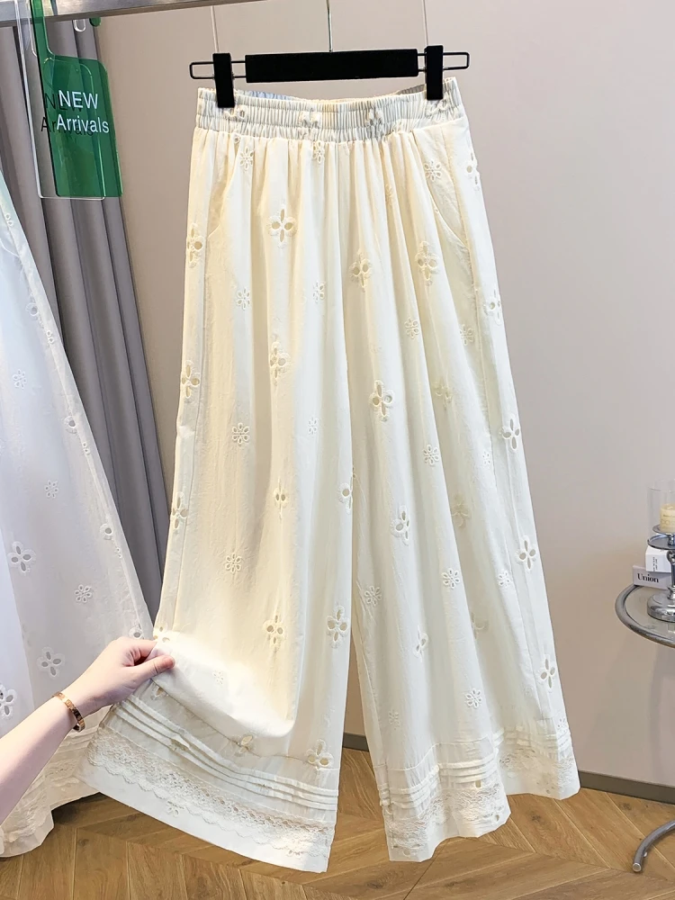 Elegant Embroidered Lace Patchwork Hollow out High Waist Loose Wide Leg Pants Pure Cotton Summer Thin Cotton Long Trousers
Elegant Embroidered Lace Patchwork Hollow out High Waist Loose Wide Leg Pants Pure Cotton Summer Thin Cotton Long Trousers