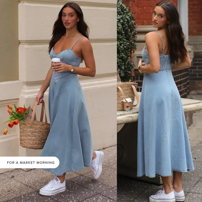 Women Elegant Sweet Spaghetti Strap A-line Imitation Denim Fabric Dress Sleeveless Slimming Blue Halter Beach Dress New Vestidos
Women Elegant Sweet Spaghetti Strap A-line Imitation Denim Fabric Dress Sleeveless Slimming Blue Halter Beach Dress New Vestidos