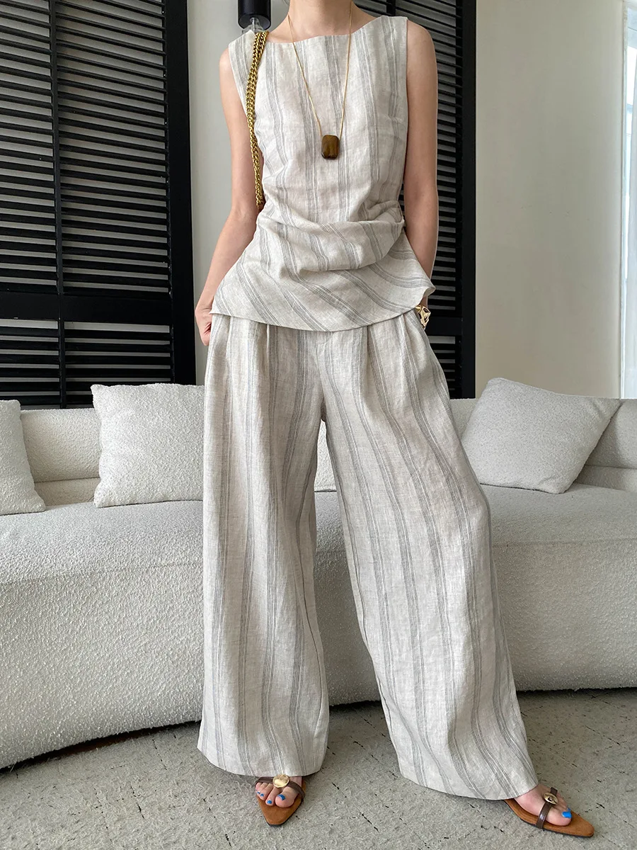 Summer women's casual striped pleated round neck vest casual pants set
Summer women's casual striped pleated round neck vest casual pants set