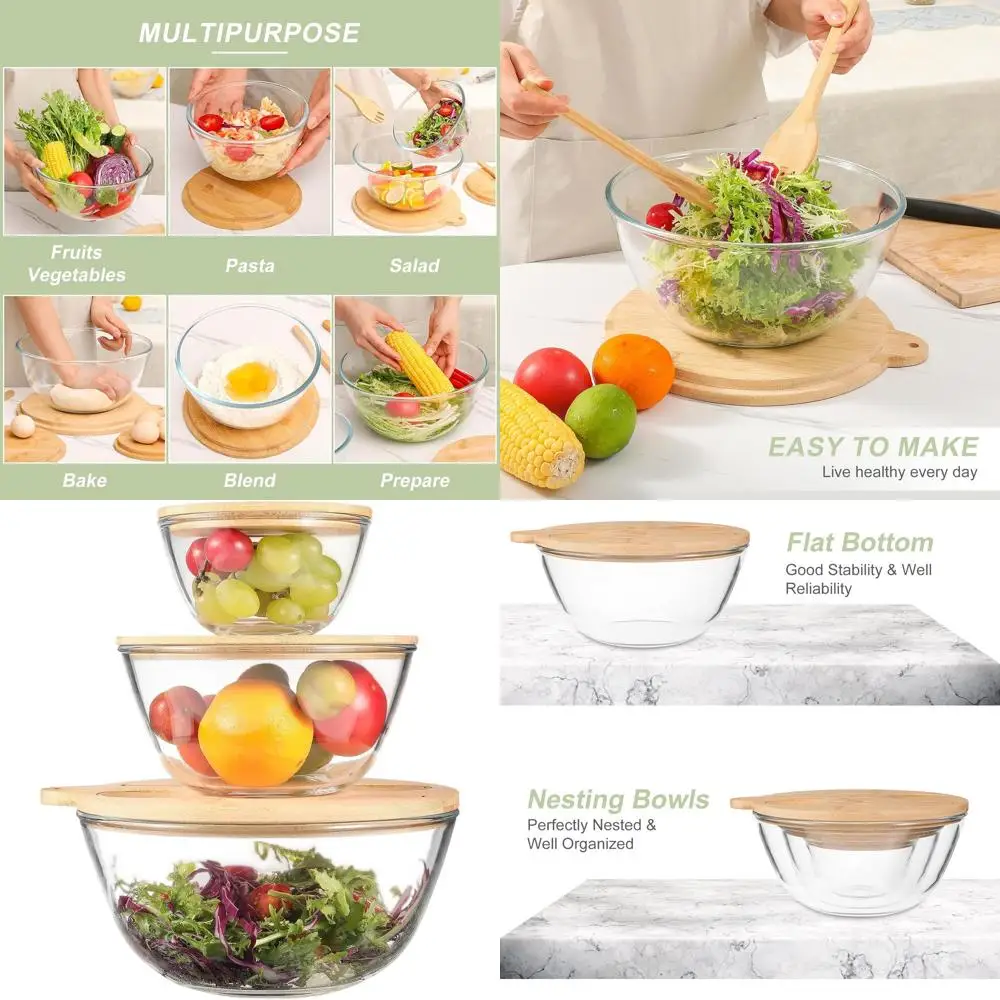 Triple Set Glass Salad Bowls with Bamboo Lids, Serving and Storage Solution for Salads, Pasta, Desserts, and More
Triple Set Glass Salad Bowls with Bamboo Lids, Serving and Storage Solution for Salads, Pasta, Desserts, and More