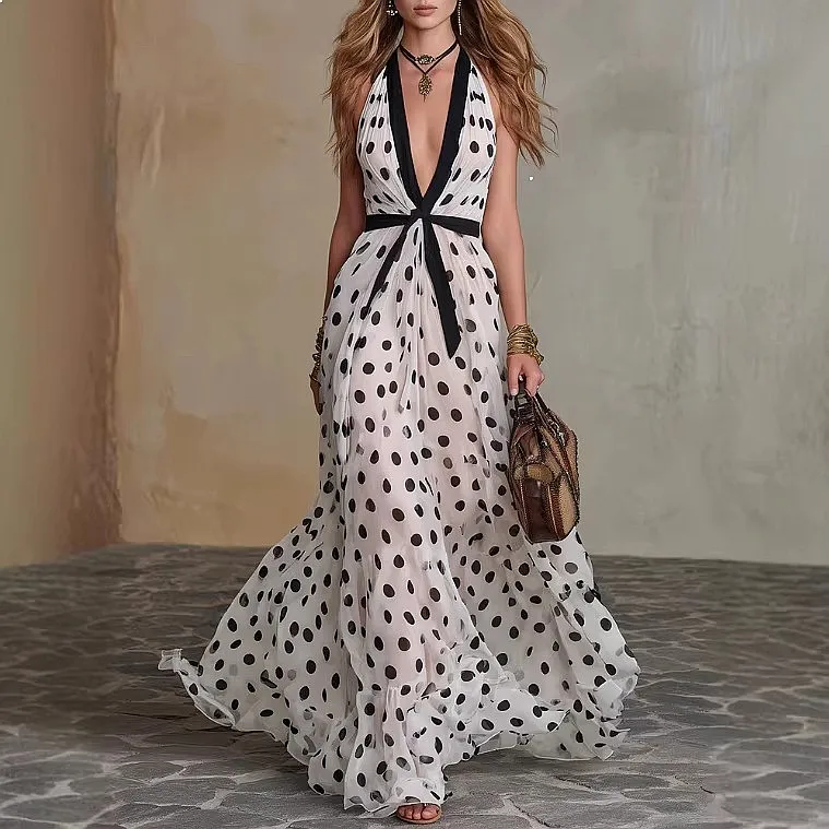 Elegant Retro Polka Dot Chiffon Maxi Dress V Neck Color Block Long Dresses Spring Summer
Elegant Retro Polka Dot Chiffon Maxi Dress V Neck Color Block Long Dresses Spring Summer