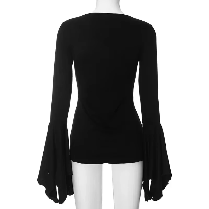 Goth Dark Fairy Grunge Flare Sleeve V-neck T-shirts Gothic Split Sexy Lettuce Hem Female Blouses Y2k Black Slim Fashion Alt Tops 
Goth Dark Fairy Grunge Flare Sleeve V-neck T-shirts Gothic Split Sexy Lettuce Hem Female Blouses Y2k Black Slim Fashion Alt Tops