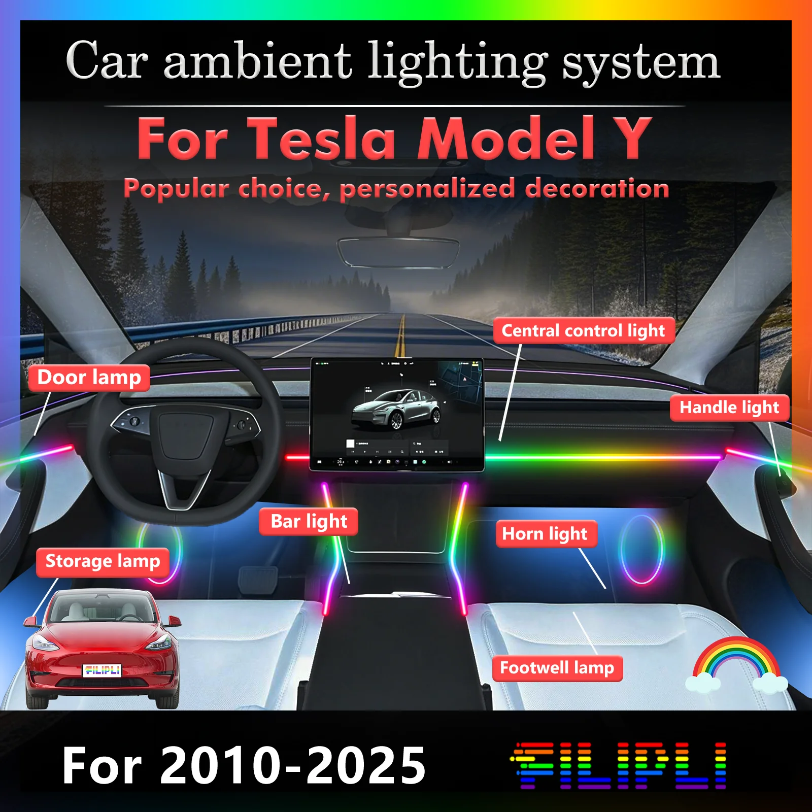 For Tesla Model Y Car Interior Decorative Ambient Light RGB 64-Color LED Smart Remote Control Energy Saving Efficient Set
For Tesla Model Y Car Interior Decorative Ambient Light RGB 64-Color LED Smart Remote Control Energy Saving Efficient Set