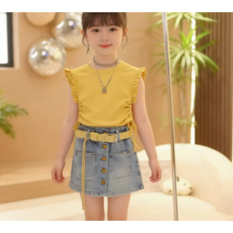 Girls' summer outfit, summer set, new Korean style tank top, children's denim skirt, T-shirt two-piece set
Girls' summer outfit, summer set, new Korean style tank top, children's denim skirt, T-shirt two-piece set