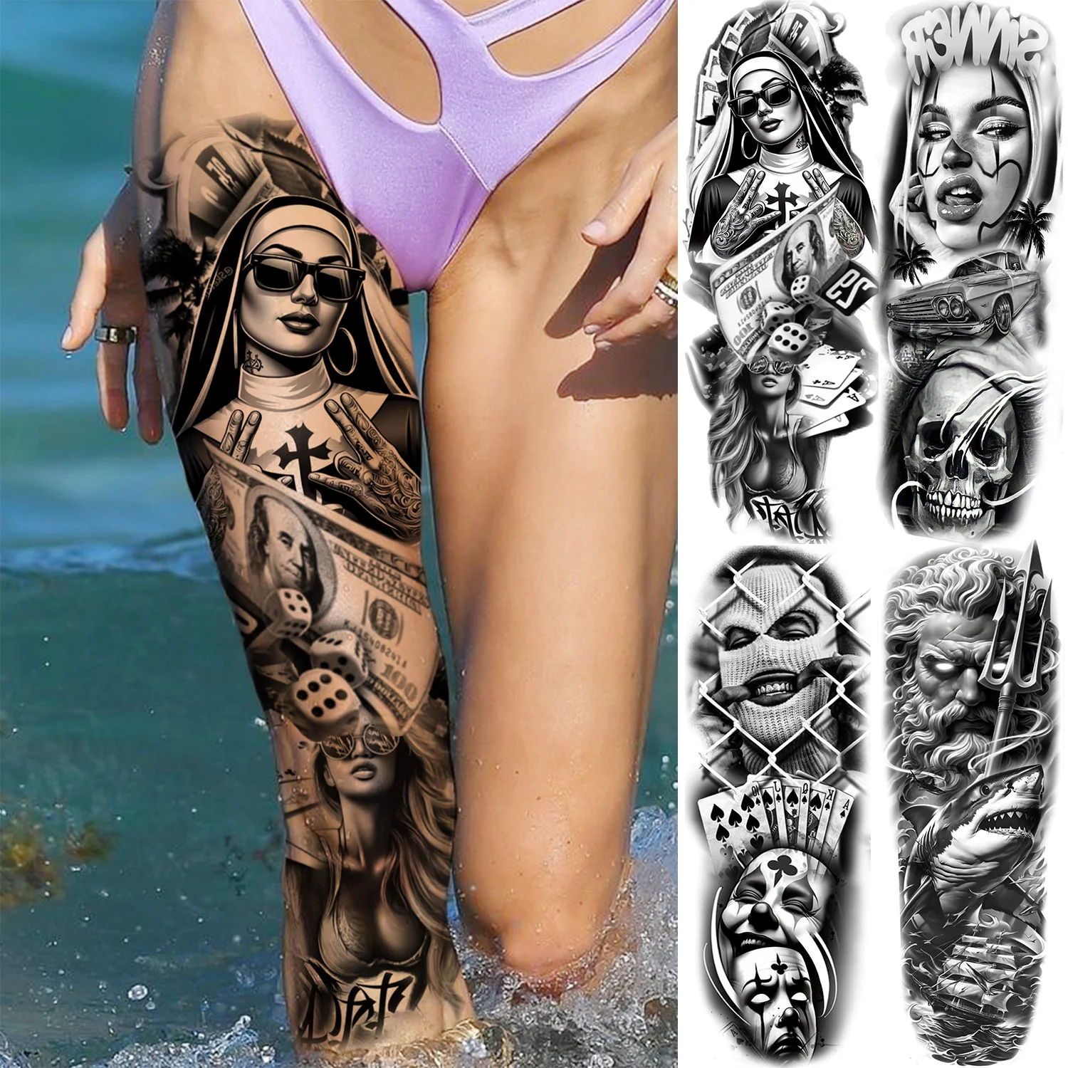 1 Sheet Bad Nun Girls Rebel Full Arm Temporary Tattoos Waterproof Long Lasting Realistic Robber Zeus Fake Tattoo Sleeve Stickers
1 Sheet Bad Nun Girls Rebel Full Arm Temporary Tattoos Waterproof Long Lasting Realistic Robber Zeus Fake Tattoo Sleeve Stickers