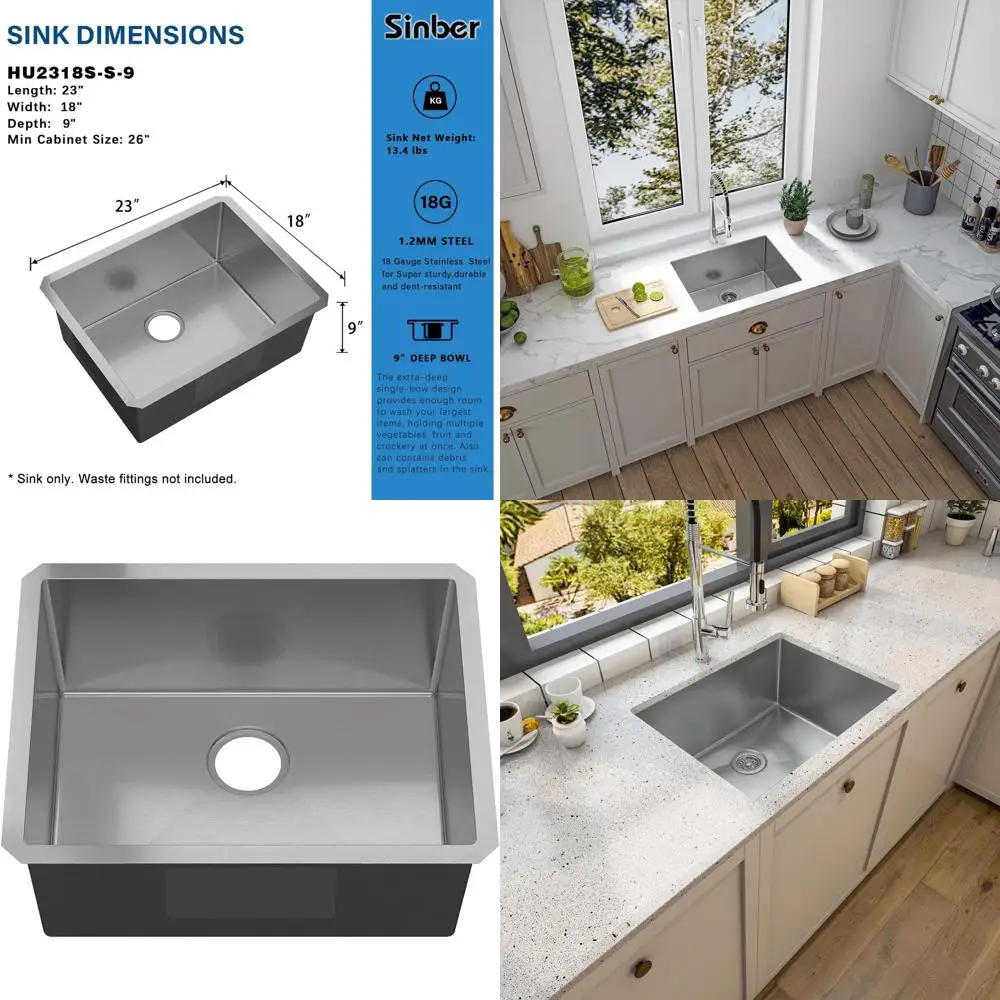 23 x 18 x 9 Undermount Single Bowl Kitchen Sink, 18 Gauge 304 Stainless Steel Satin Finish
23 x 18 x 9 Undermount Single Bowl Kitchen Sink, 18 Gauge 304 Stainless Steel Satin Finish
