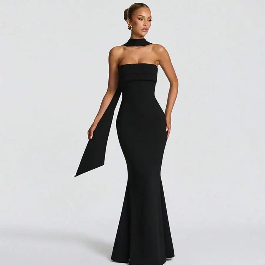 Elegant Strapless Maxi Dress With Neck Scarf Detail Evening Party Gown
Elegant Strapless Maxi Dress With Neck Scarf Detail Evening Party Gown