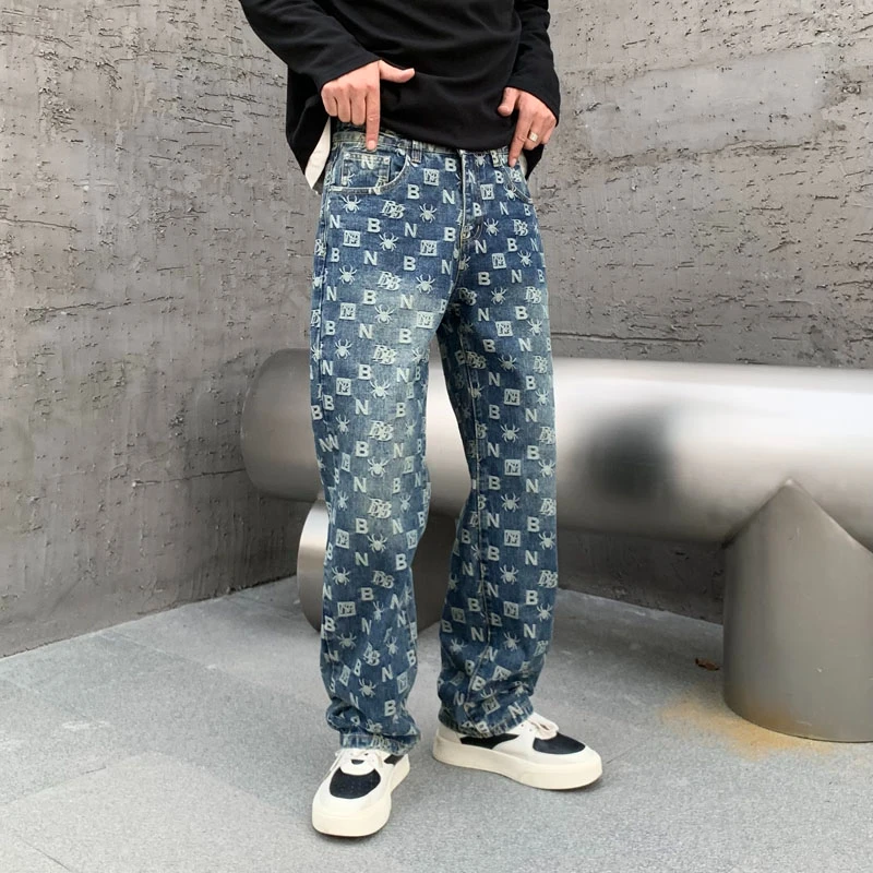 Laser Pattern Retro Blue Jeans For Male Straight Leg Wide Pants Loosen Fit Baggy Y2k Clothes
Laser Pattern Retro Blue Jeans For Male Straight Leg Wide Pants Loosen Fit Baggy Y2k Clothes