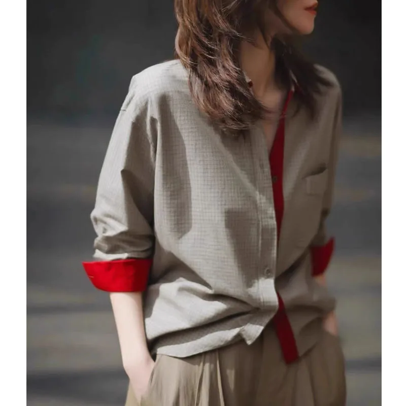 Trendy Contrast Color Plaid Women's Shirt Loose Fit Long Sleeve Polo Collar Polyester Fiber Artistic Retro Style Autumn New
Trendy Contrast Color Plaid Women's Shirt Loose Fit Long Sleeve Polo Collar Polyester Fiber Artistic Retro Style Autumn New