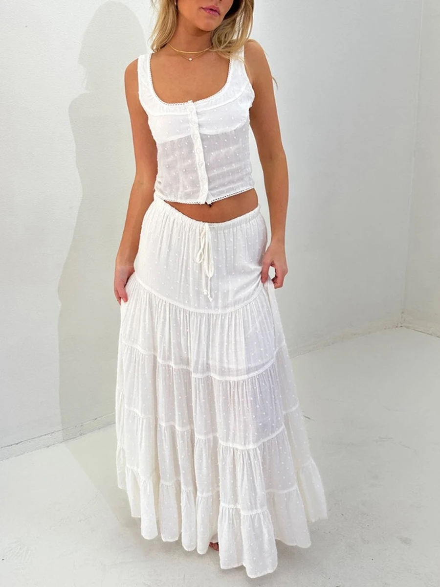 Women'S Summer Bohemian Solid Color Round Neck Vest Paired With Layered A-Line Tie Up Long Skirt Set for Party Wear
Women'S Summer Bohemian Solid Color Round Neck Vest Paired With Layered A-Line Tie Up Long Skirt Set for Party Wear