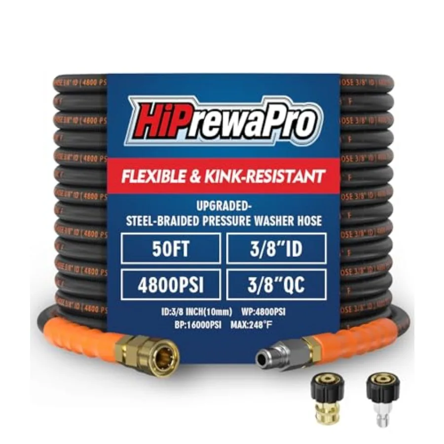 3/8" ID Pressure Washer Hose 50 Feet, 4800 PSI Steel-Braided and Durable - Flexible and Kink-Resistant, Power Washer Hose with
3/8" ID Pressure Washer Hose 50 Feet, 4800 PSI Steel-Braided and Durable - Flexible and Kink-Resistant, Power Washer Hose with