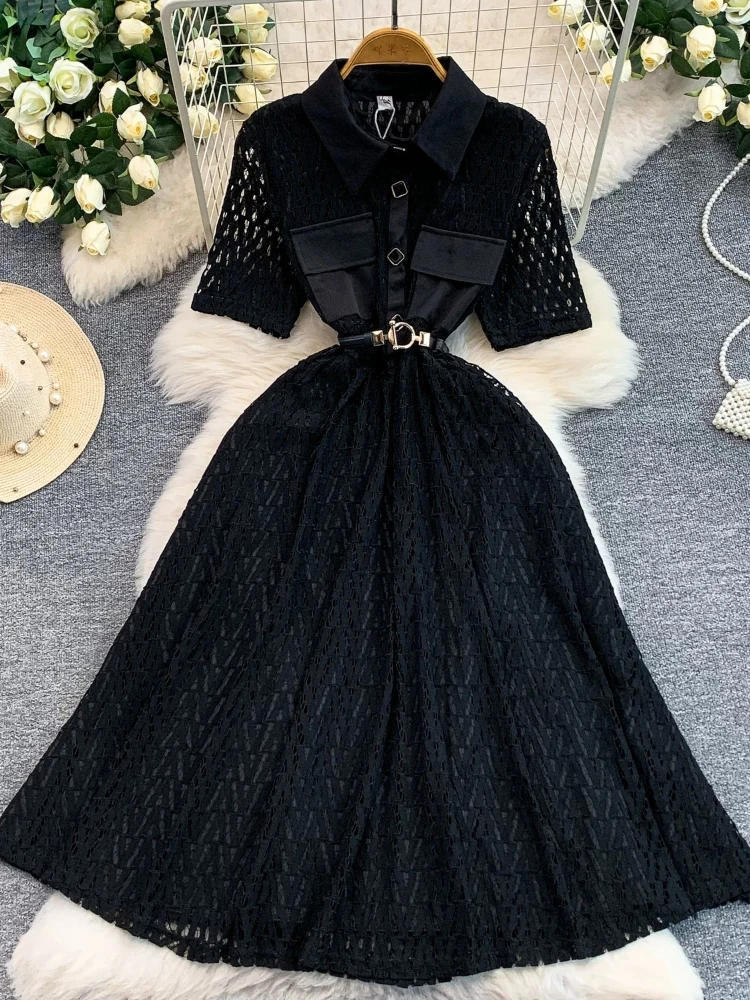 Dress Elegant Vintage Black Hollow Out Lace Lapel Summer Tie Belt Waist Slimming Flowy Long Gown
Dress Elegant Vintage Black Hollow Out Lace Lapel Summer Tie Belt Waist Slimming Flowy Long Gown