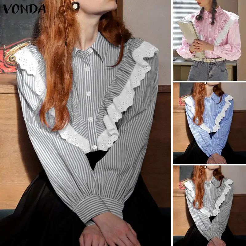 VONDA 2026 Women Long Sleeve Shirts Fashion Lapel Lace Patchwork Blouse Striped Tops Tunic Spring Work Ruffled Blusas Femininas
VONDA 2026 Women Long Sleeve Shirts Fashion Lapel Lace Patchwork Blouse Striped Tops Tunic Spring Work Ruffled Blusas Femininas