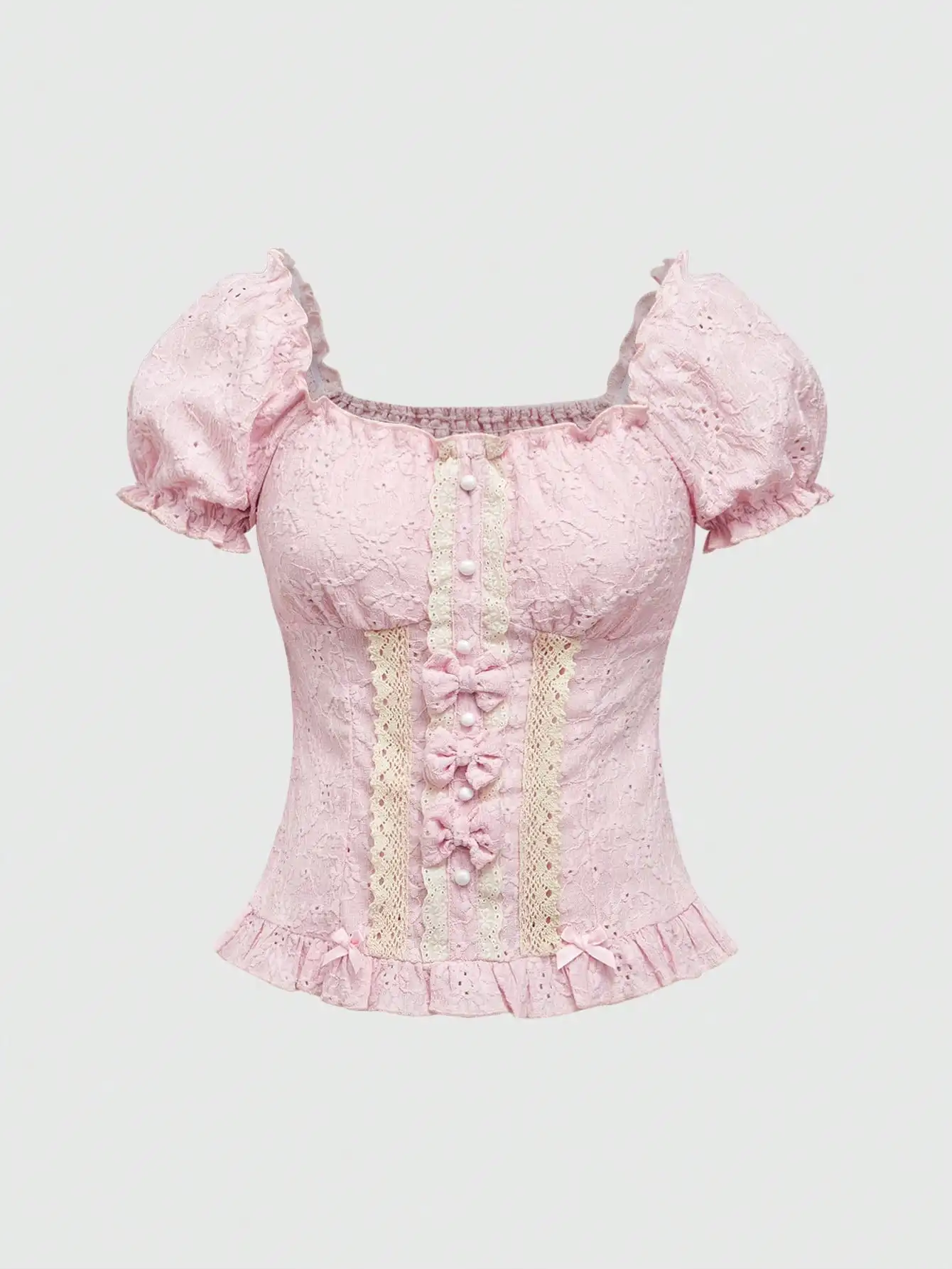 Розовая кружевная блузка с бантом, пышными рукавами и оборками для женщин
Розовая кружевная блузка с бантом, пышными рукавами и оборками для женщин
