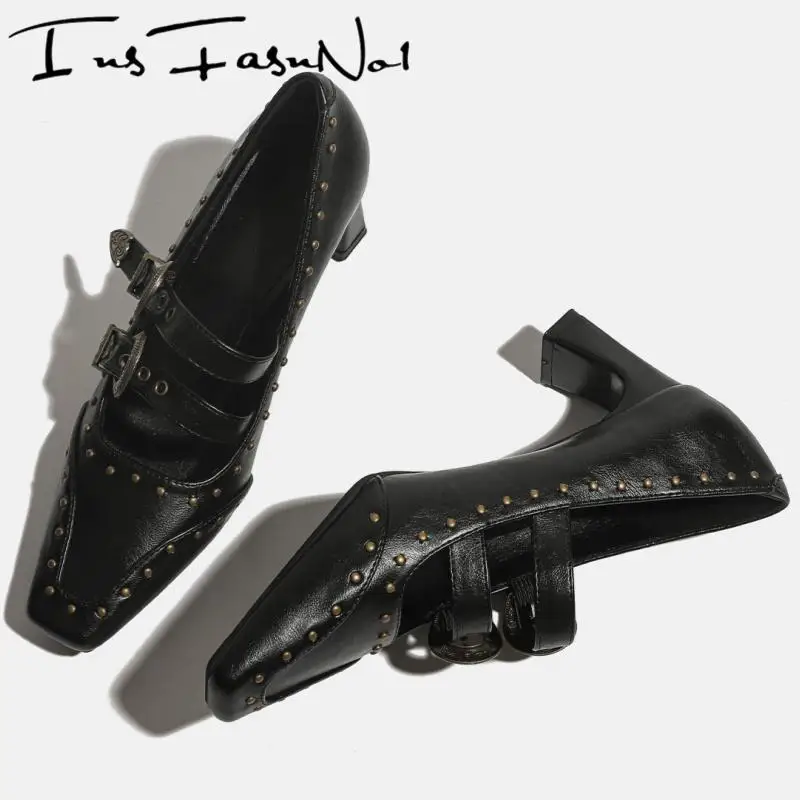 Designer High Heel Rivet Women Pumps Fashion All Match Square Toe Casual Single Shoes Belt Buckle Outdoor Luxury Dress Shoes New
Designer High Heel Rivet Women Pumps Fashion All Match Square Toe Casual Single Shoes Belt Buckle Outdoor Luxury Dress Shoes New